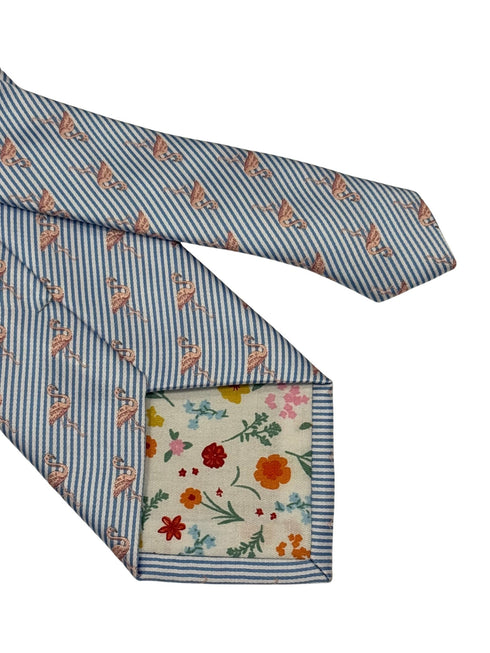 light blue and white pin striped tie with pink flamingo design